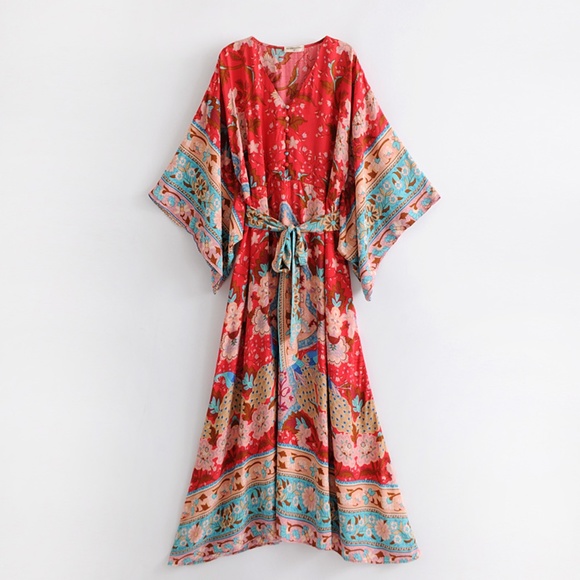 Boho Colorful gypsy wide sleeve red Midi dress - Picture 2 of 12